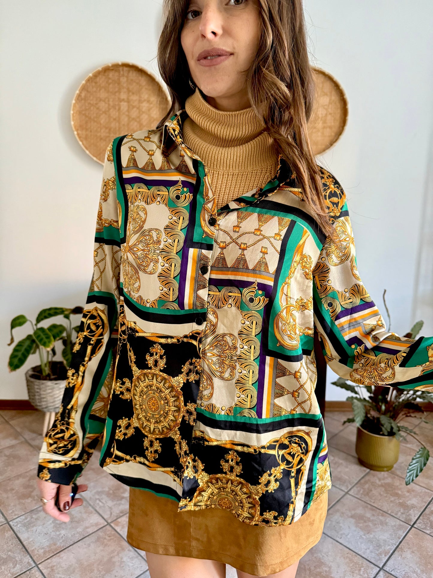 1990's vintage gold, green and yellow satin tassel print blouse