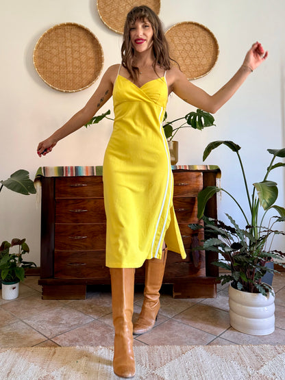 1990’s vintage canary yellow woven cotton midi dress with white stripe detailing