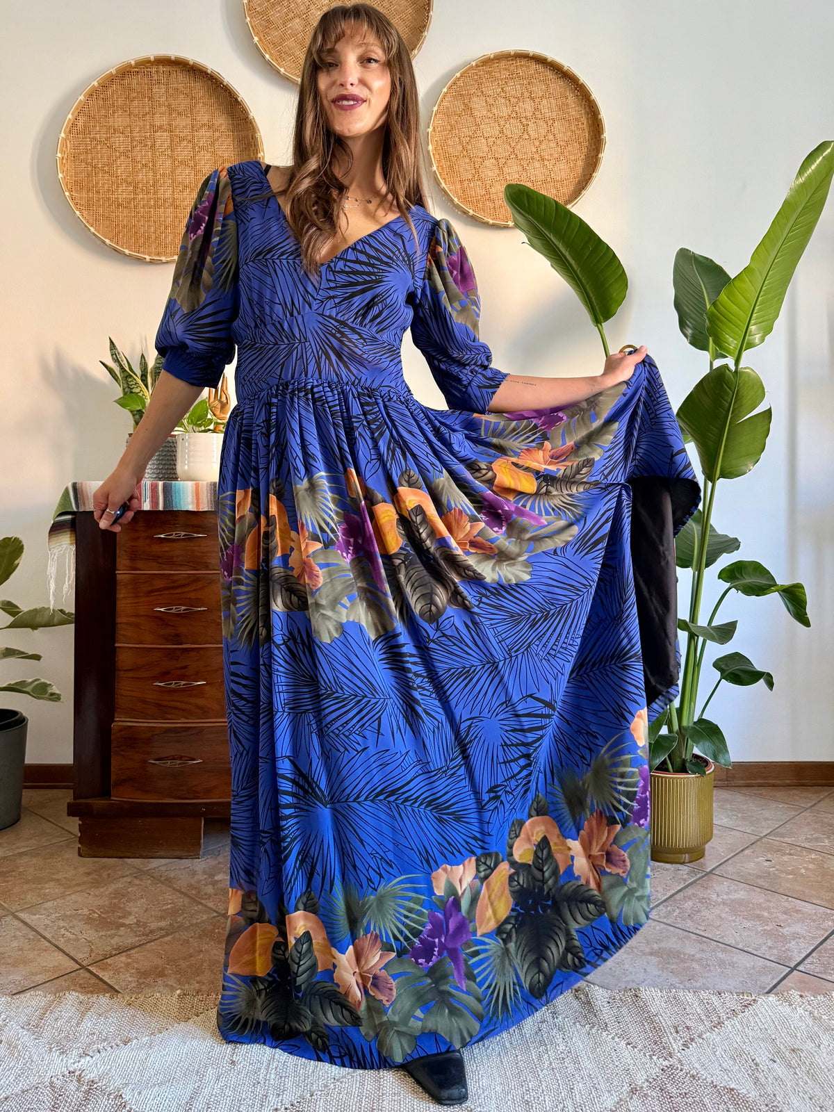1960’s vintage blue floral silk evening gown with matching scarf and belt