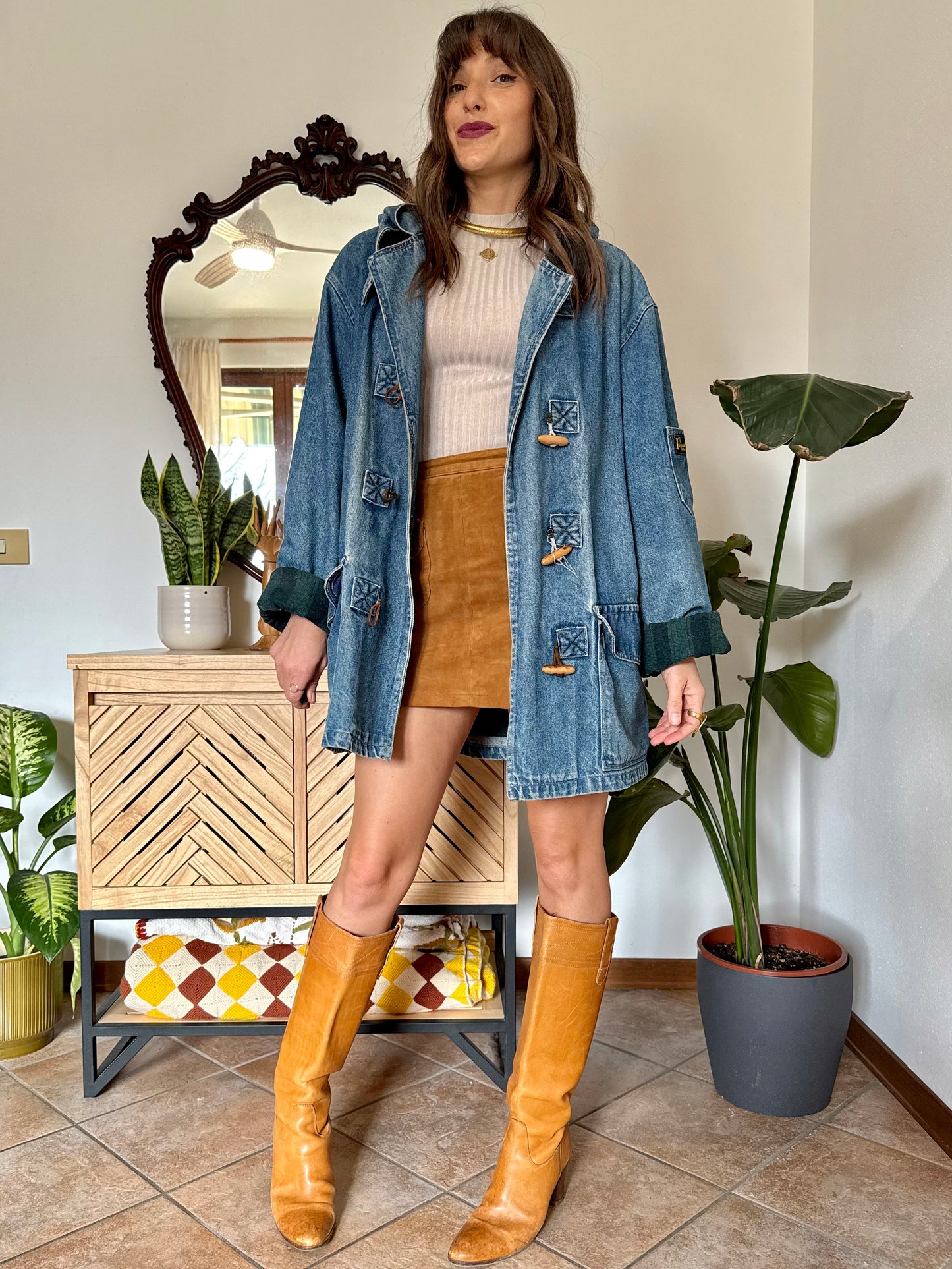 1990’s vintage denim duffle coat with green and navy plaid lining