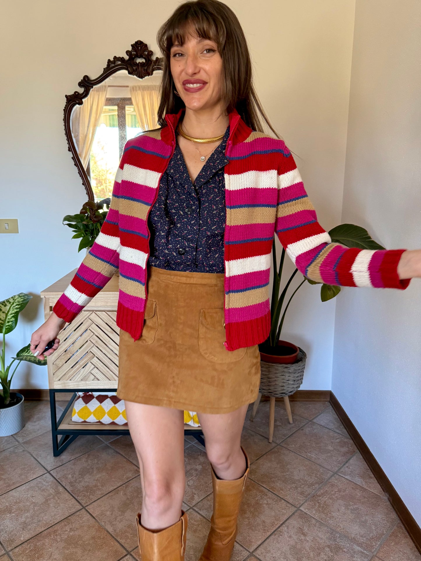 1990's vintage red, pink and blue stripe zip up wool knit cardigan