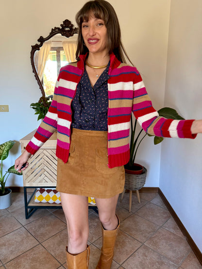 1990's vintage red, pink and blue stripe zip up wool knit cardigan
