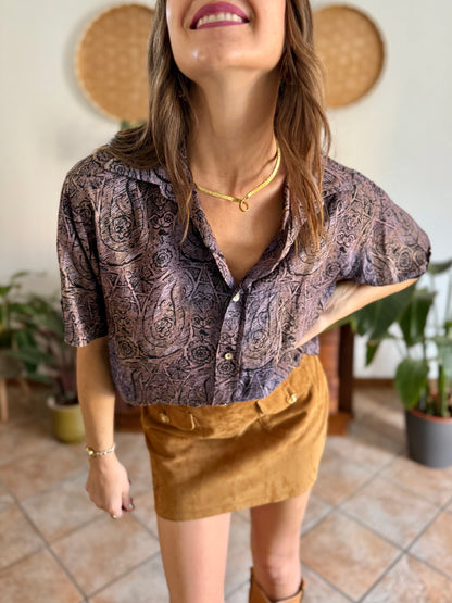 1970's vintage purple, tan and black abstract paisley print