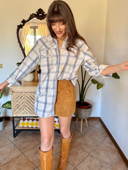 1990's vintage light blue, cream and beige western pearl snap shirt