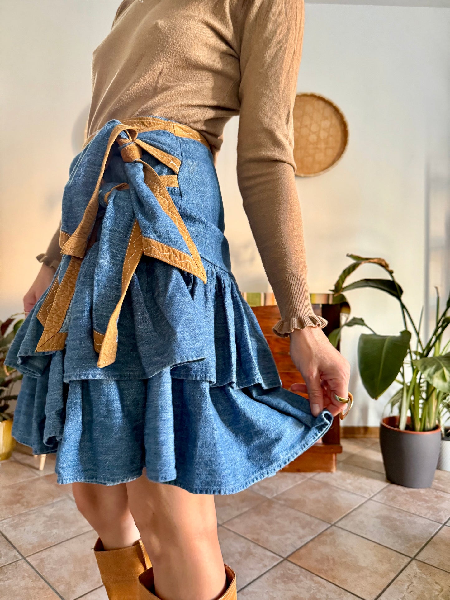 1990's vintage western ruffle denim mini skirt with tan details