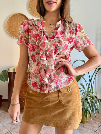 Y2K vintage pink floral ruffle silk blouse