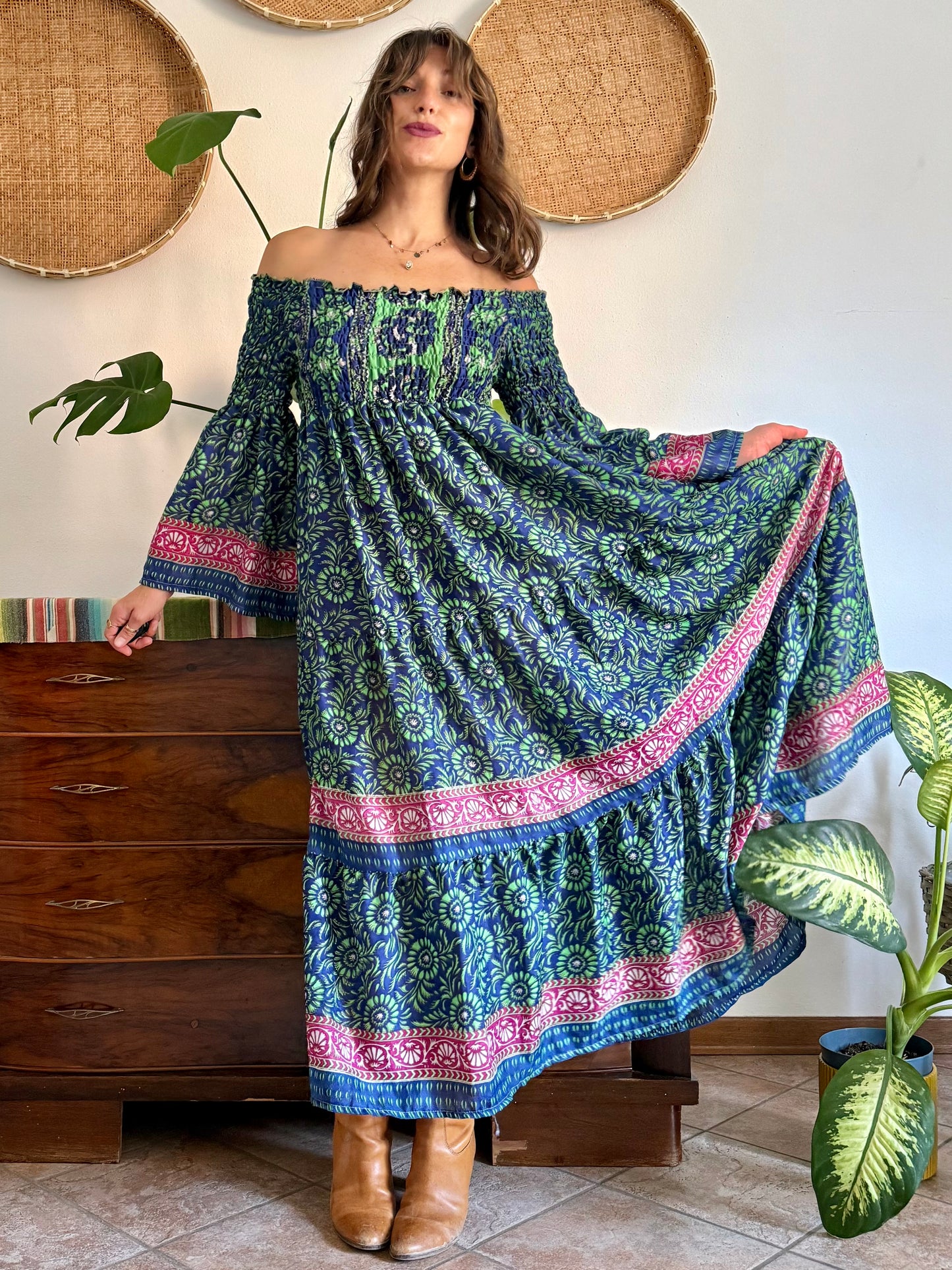 1970’s vintage green, blue and pink silk floral prairie maxi dress with bell sleeves