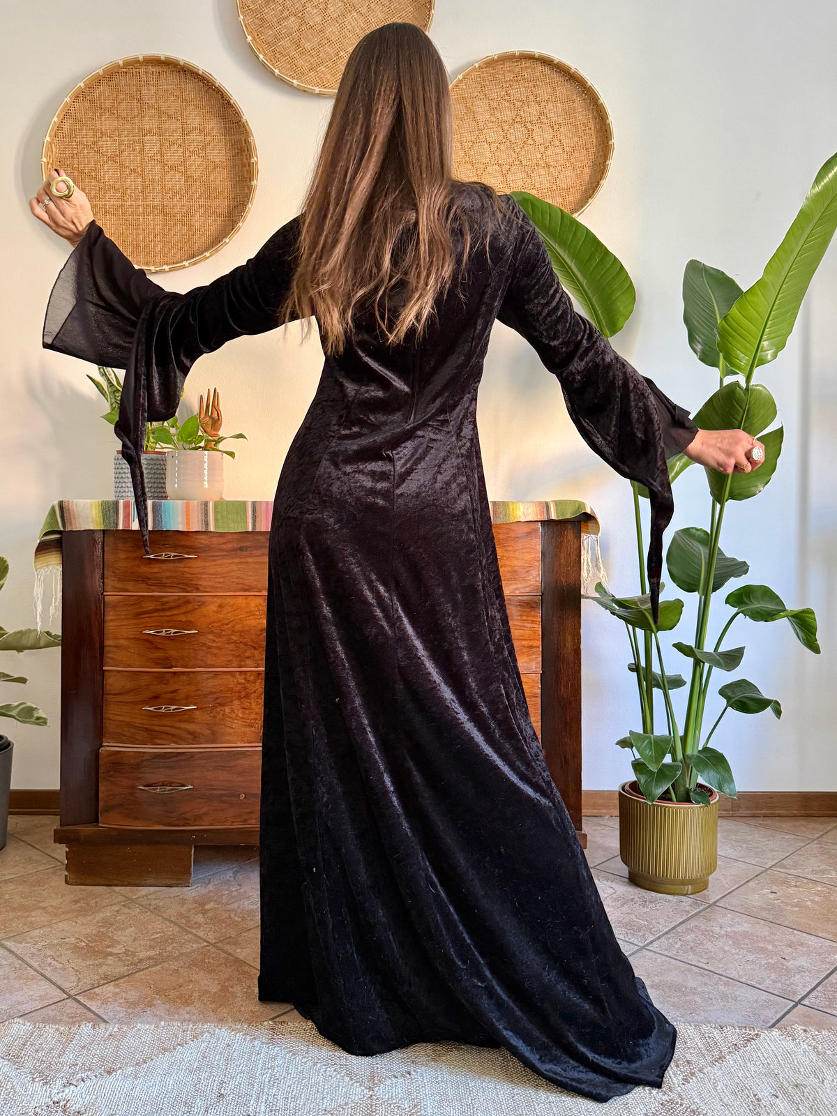 1990’s vintage black lace up bodice gothic velvet maxi dress with bell sleeves