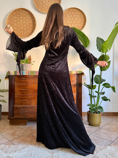 1990’s vintage black lace up bodice gothic velvet maxi dress with bell sleeves