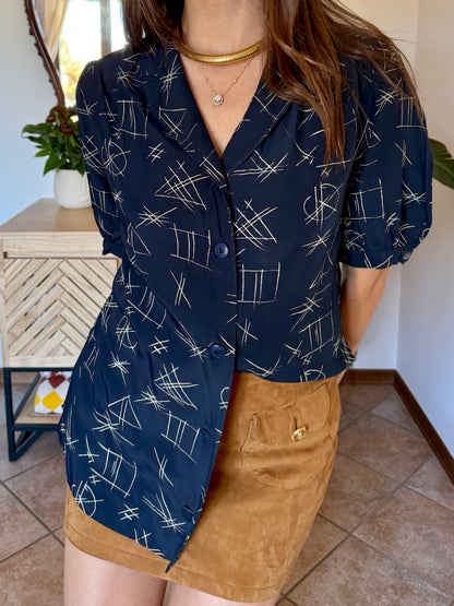 1970’s vintage navy blouse with cream abstract geometric brush stroke print