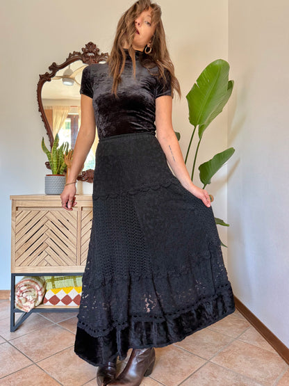 1990’s vintage black lace, crochet and velvet patchwork maxi skirt