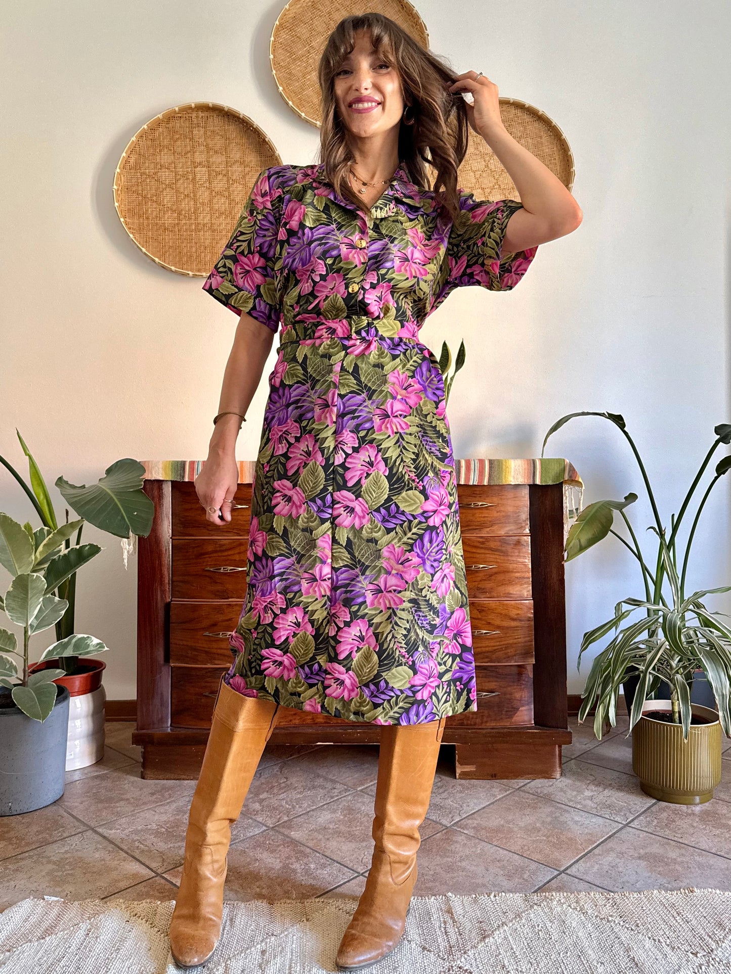 1960’s vintage, pink purple and green floral midi dress with matching belt