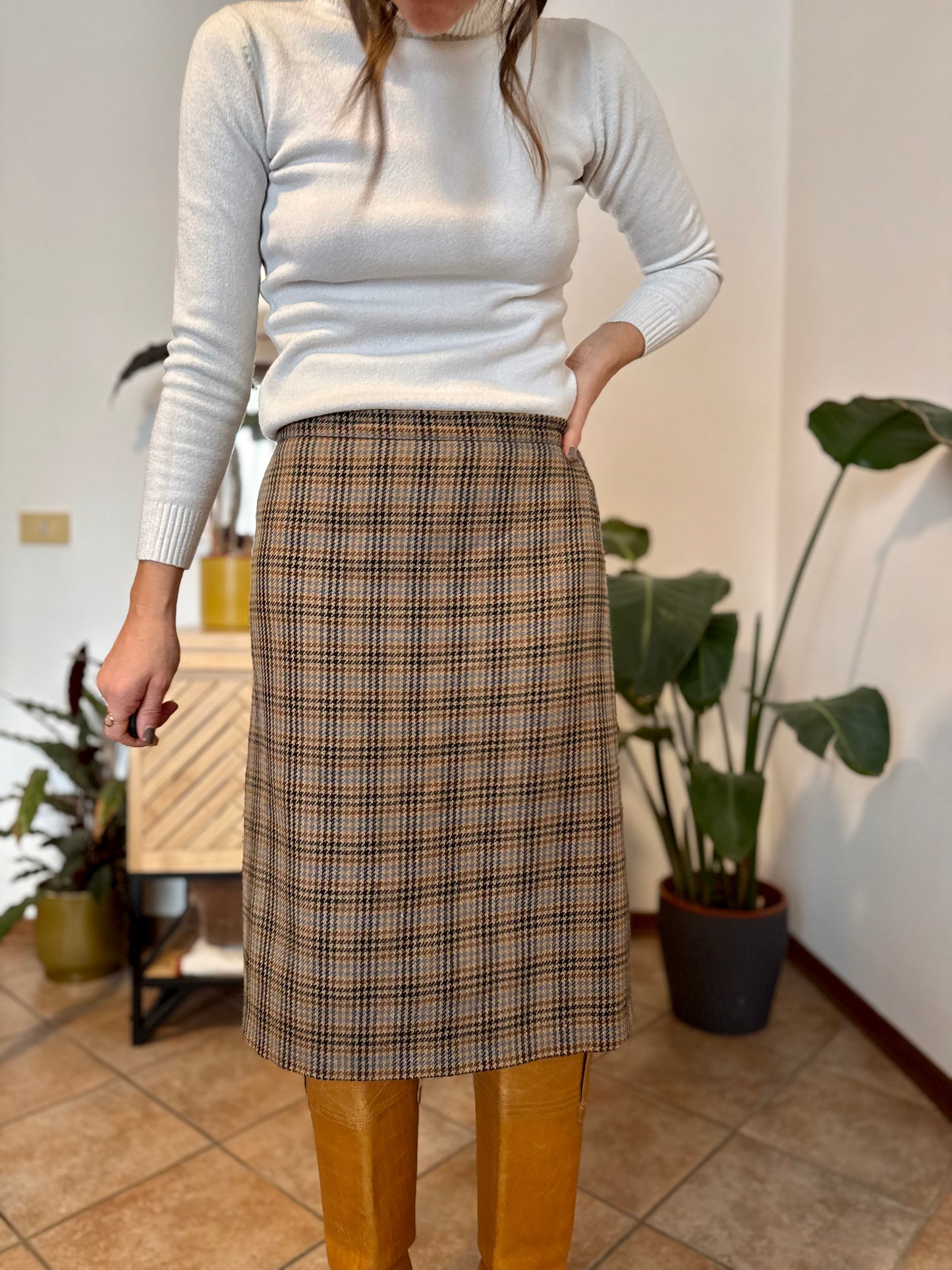 1970's vintage chocolate brown, green and blue plaid wool midi skirt