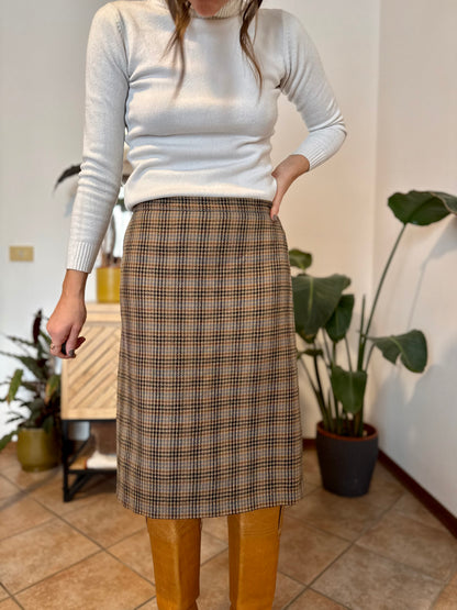 1970's vintage chocolate brown, green and blue plaid wool midi skirt