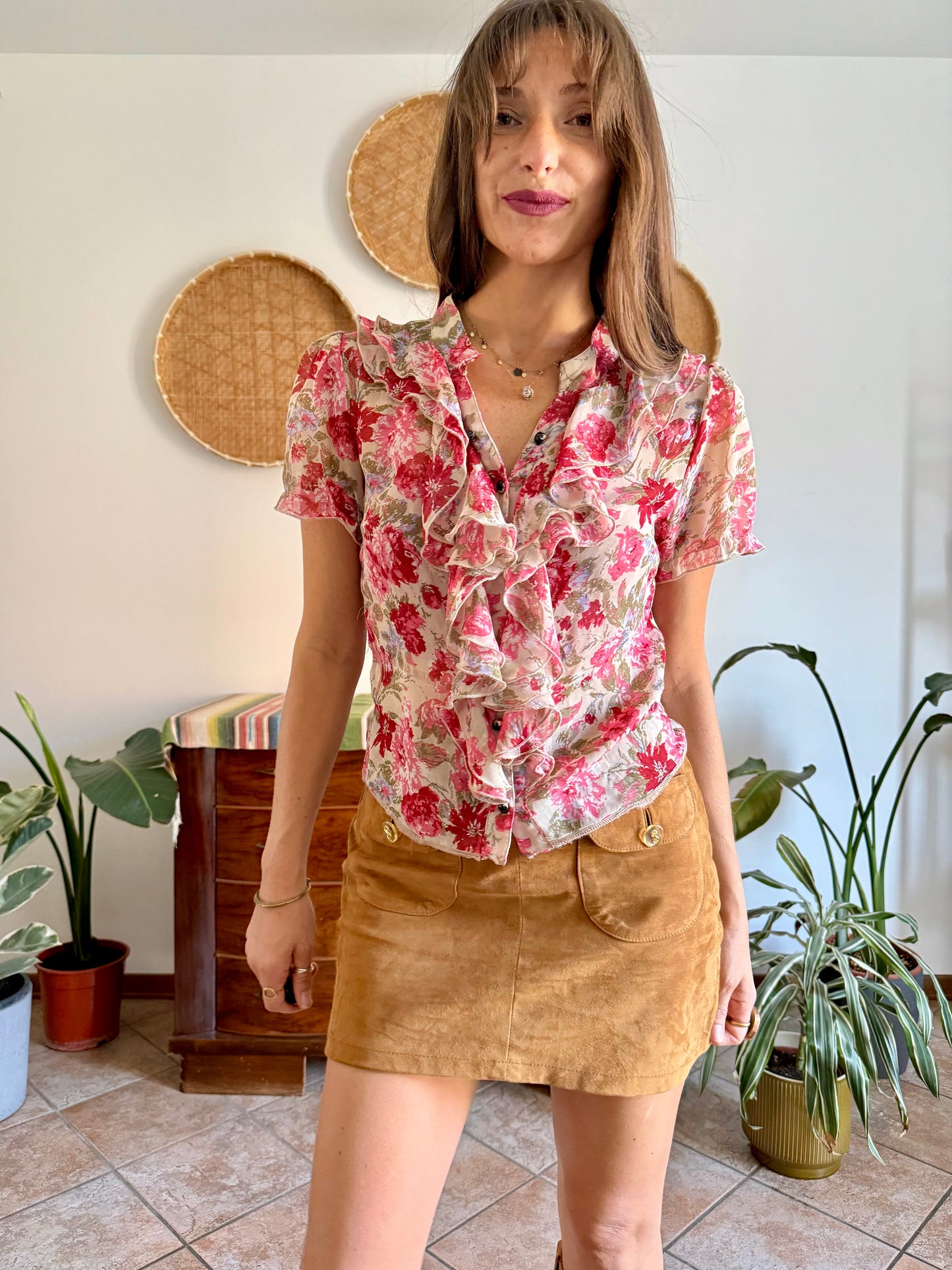Y2K vintage pink floral ruffle silk blouse