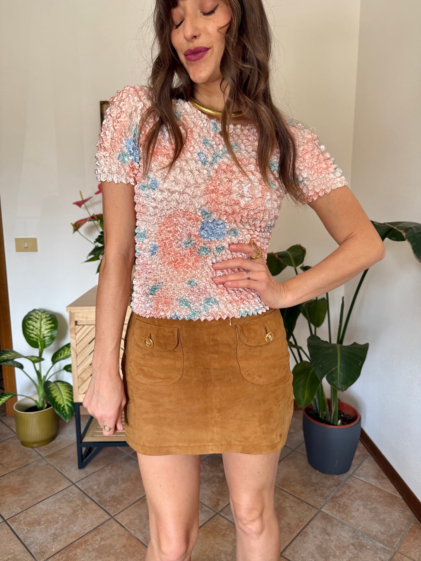 1990’s vintage pink, peach and blue crinkle top
