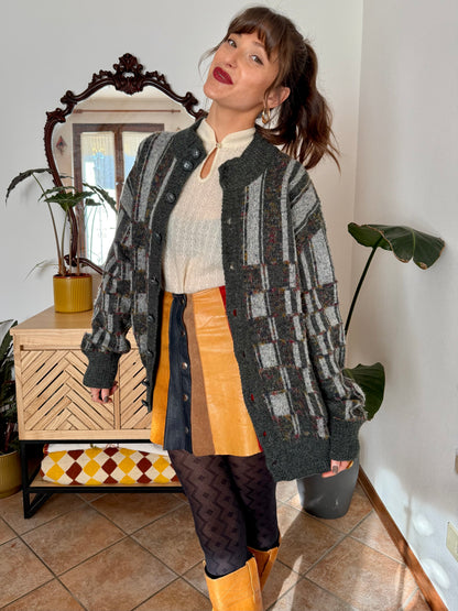 1970’s vintage grey cardigan with burgundy and yellow knit geometric pattern