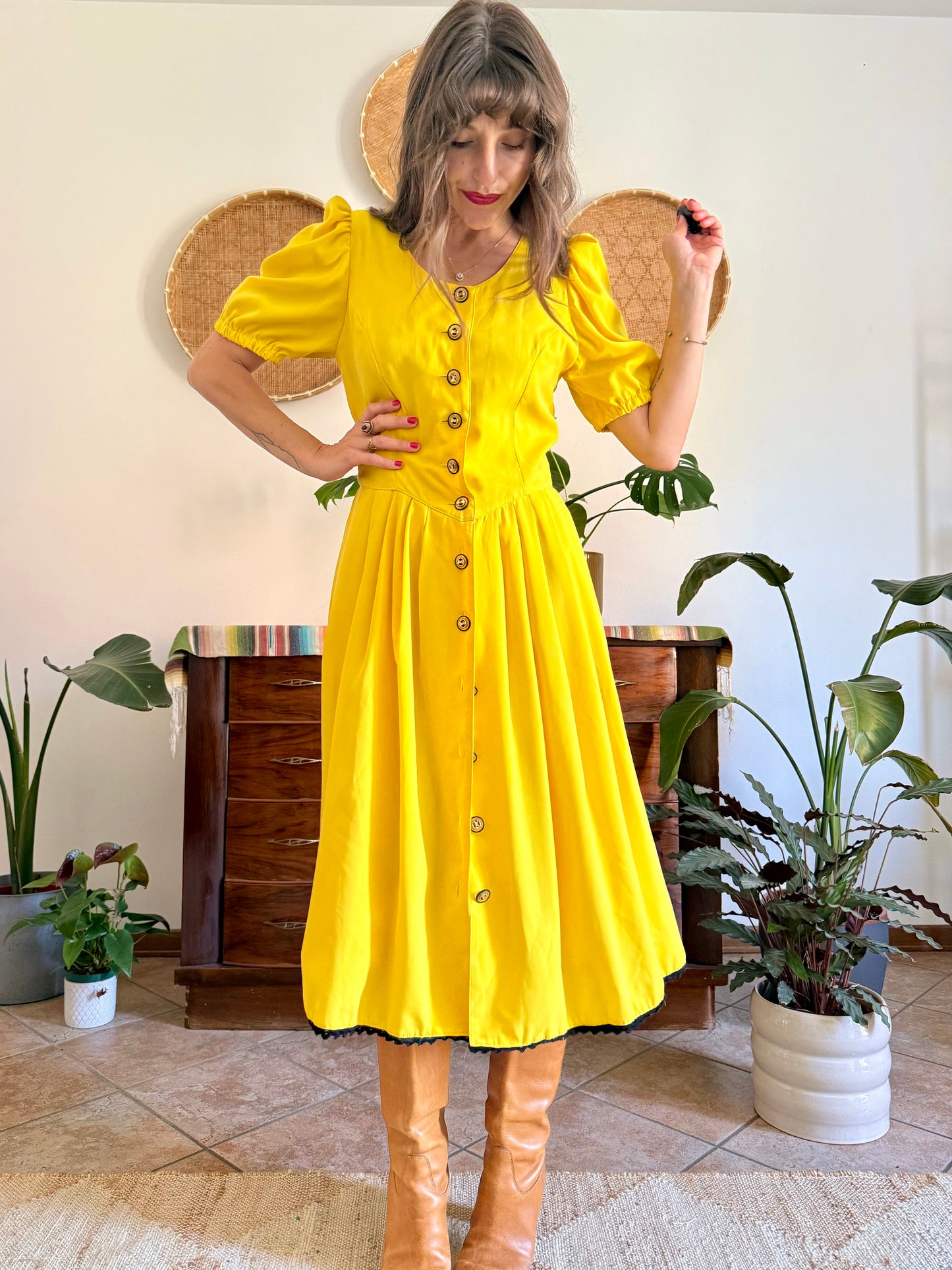 1960’s vintage canary yellow button down midi dress with black crochet detailing