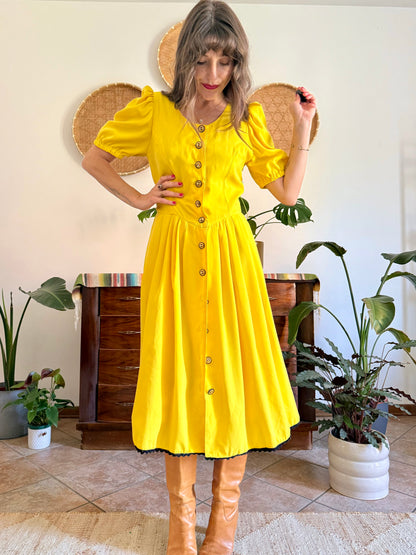 1960’s vintage canary yellow button down midi dress with black crochet detailing