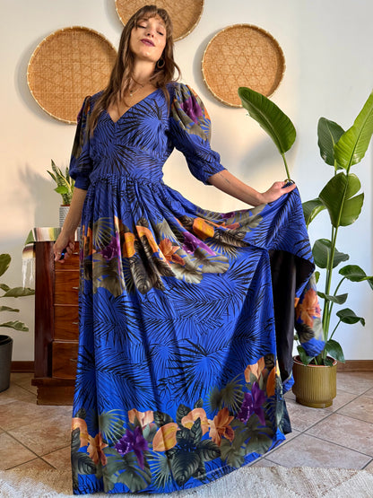 1960’s vintage blue floral silk evening gown with matching scarf and belt