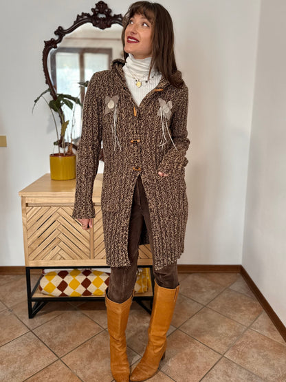 Y2K vintage chocolate brown and tan knit duster cardigan with suede flower details