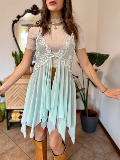 Y2K vintage asymmetrical light turquoise and lace slip