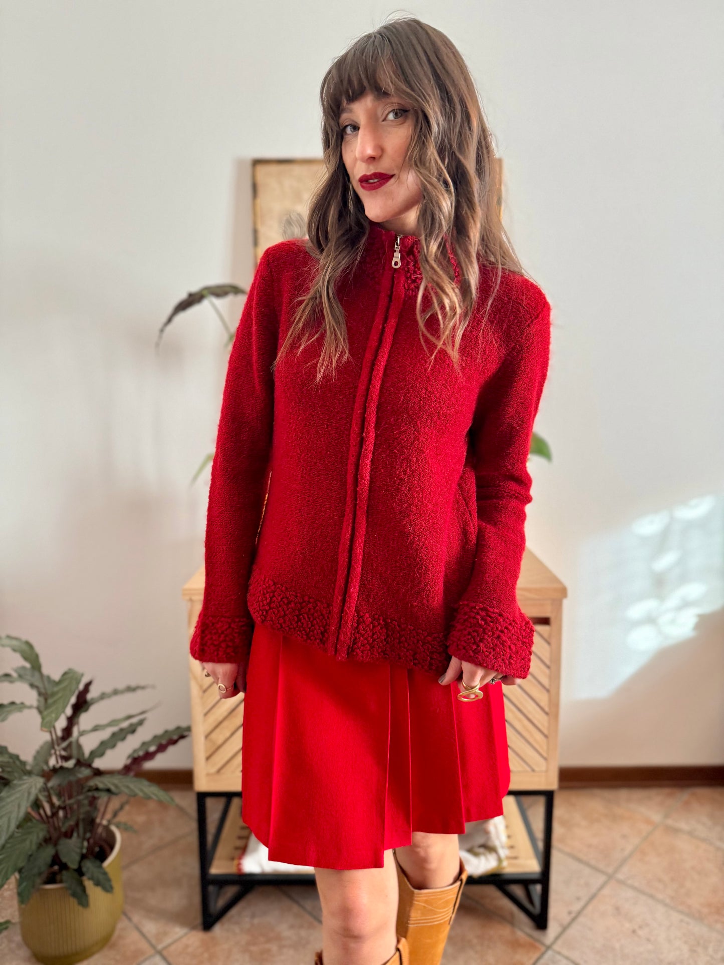 1990’s vintage textured cherry red knit zip up cardigan