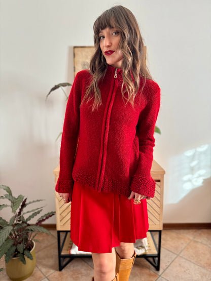 1990’s vintage textured cherry red knit zip up cardigan