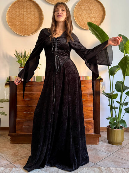 1990’s vintage black lace up bodice gothic velvet maxi dress with bell sleeves