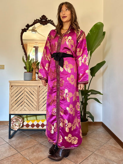 1970’s vintage fuchsia and gold floral weave brocade satin maxi dress