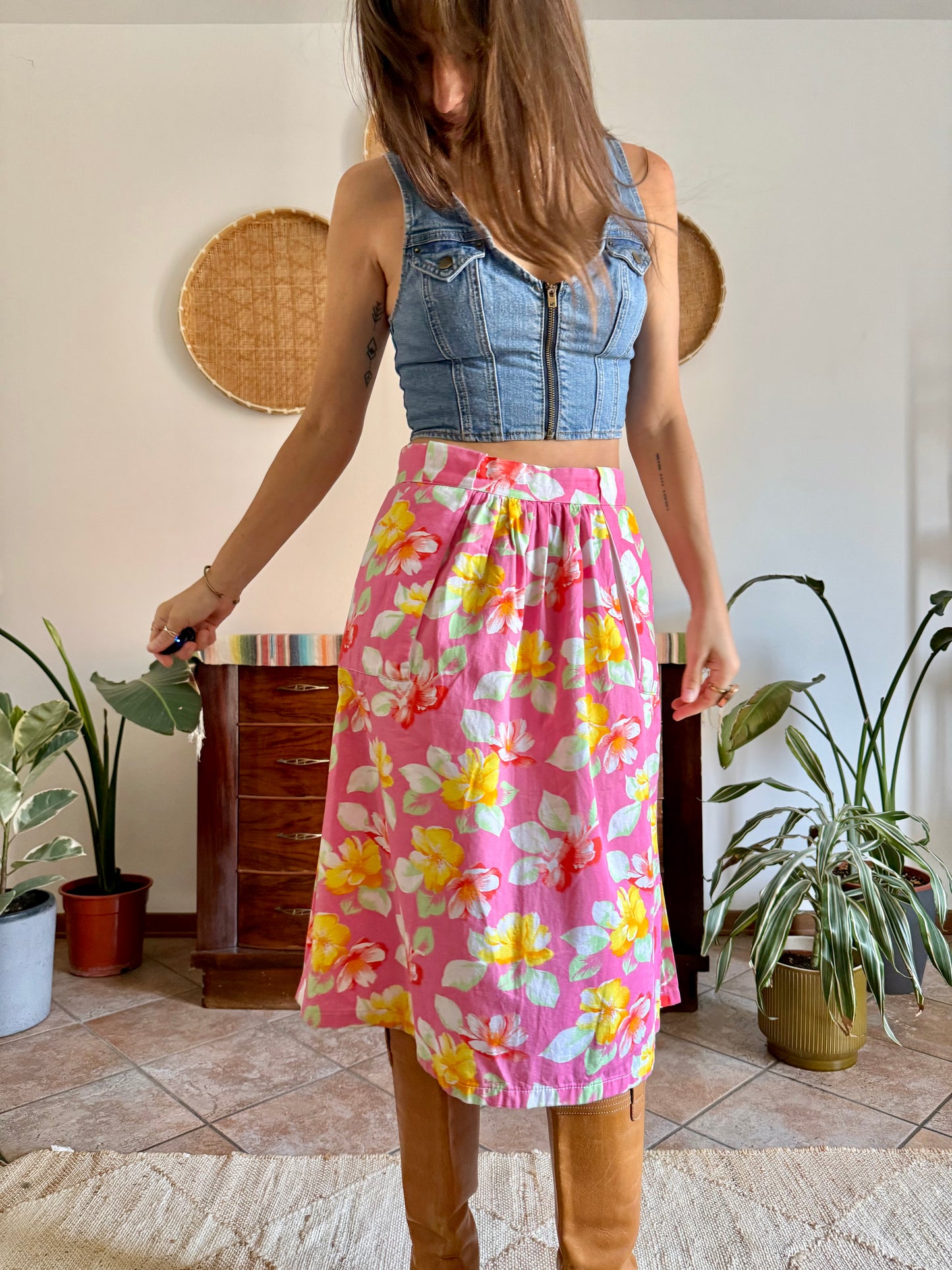 1970’s vintage pink and yellow button down midi skirt
