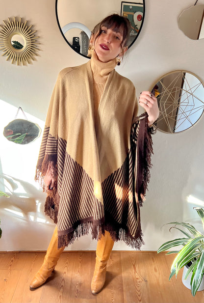 1970's vintage hand knit tan and chocolate brown geometric knit poncho with fringe detail