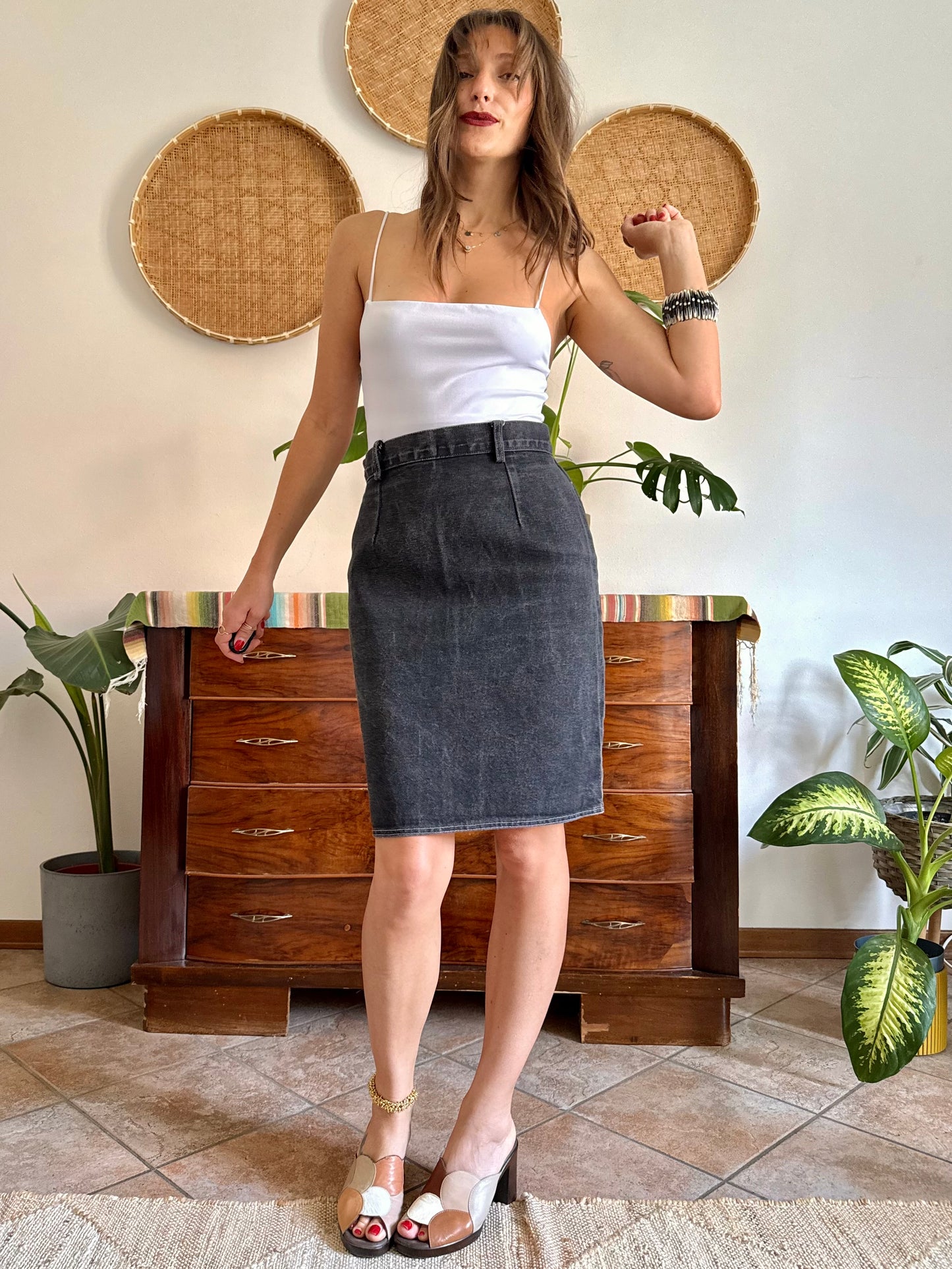 1970’s vintage black denim midi skirt
