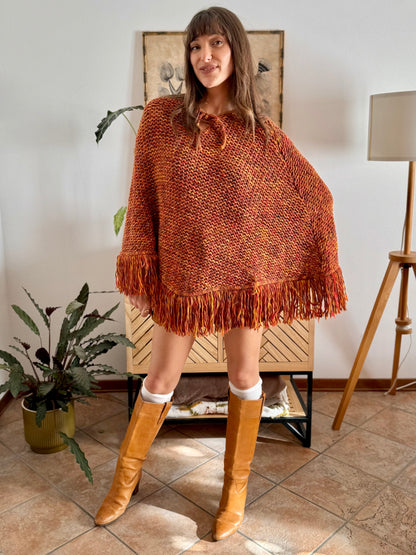 1970's vintage yellow and burgundy knit poncho with fringe details