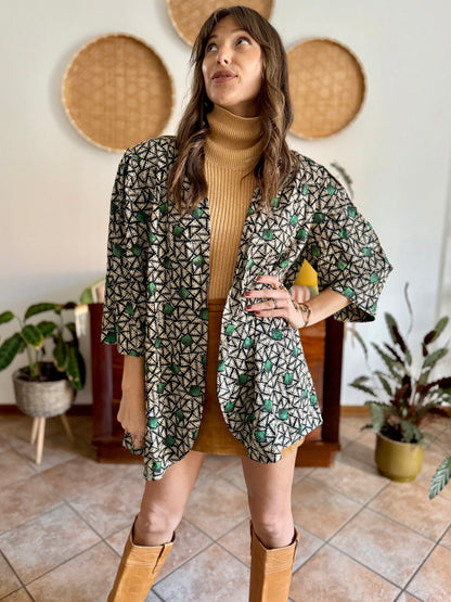 1970's vintage tan, black and green geometric print satin jacket