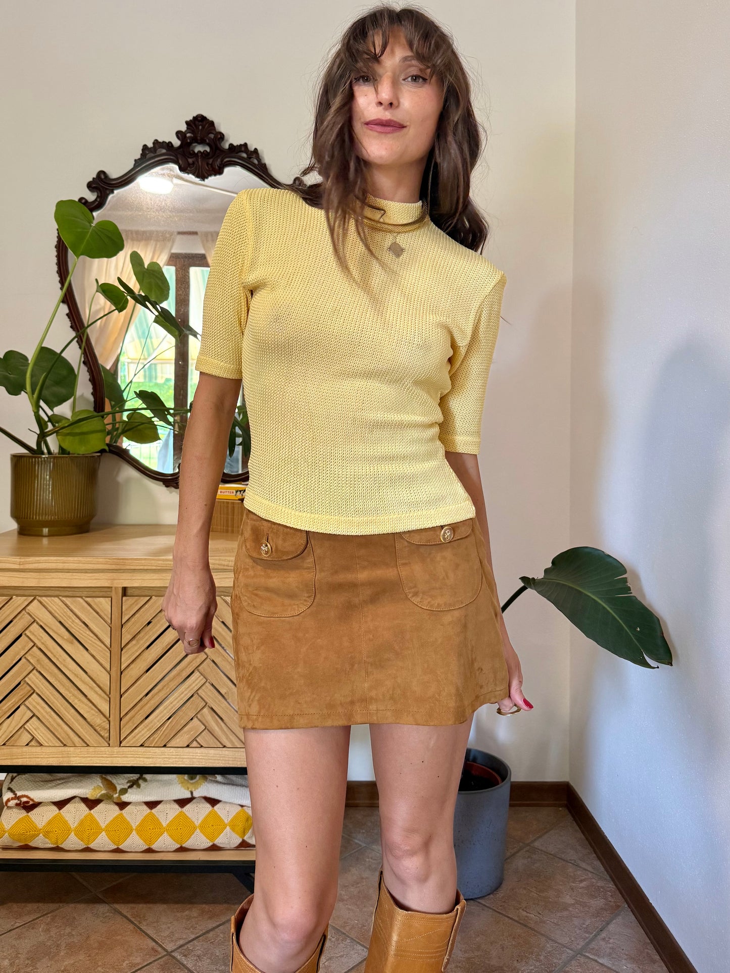 1970's vintage butter yellow knit mock neck top with zip detail