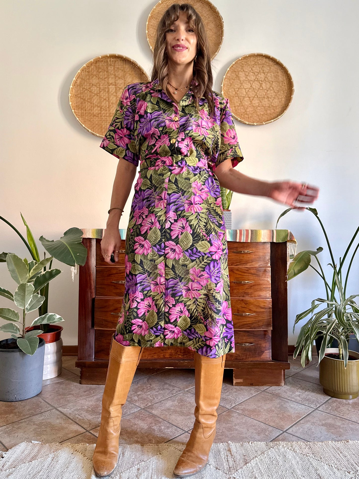 1960’s vintage, pink purple and green floral midi dress with matching belt
