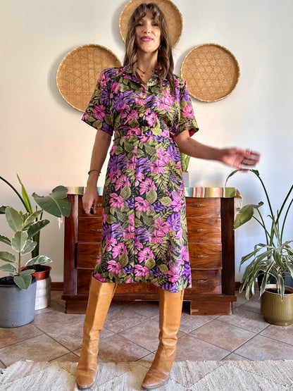1960’s vintage, pink purple and green floral midi dress with matching belt