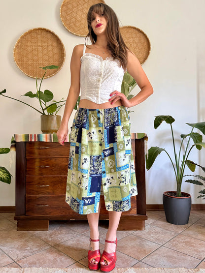 1990’s vintage navy, blue and green textured floral patchwork print midi skirt