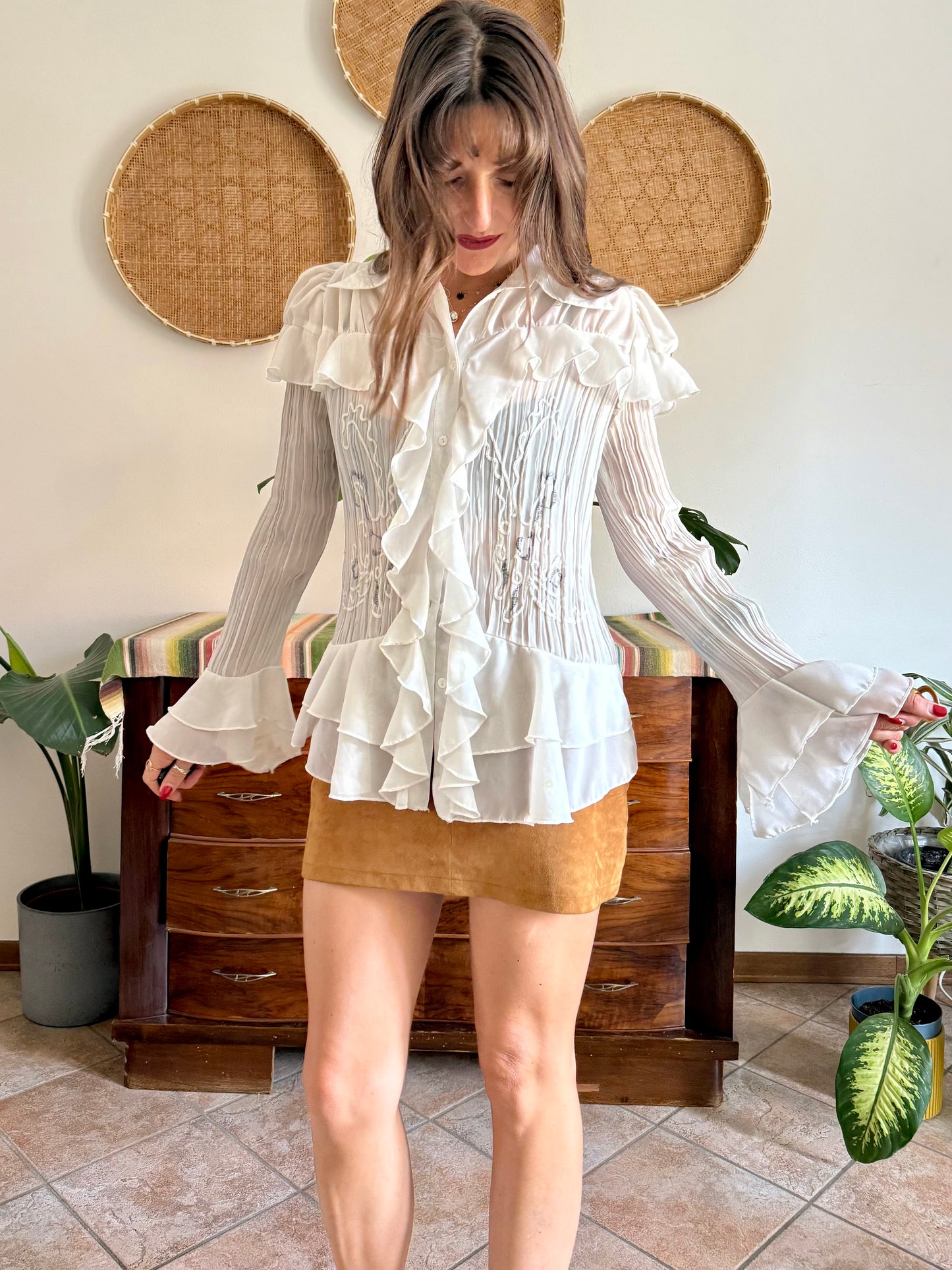 1990’s vintage sheer white silk blend textured ruffle blouse with bell sleeves and floral embroider