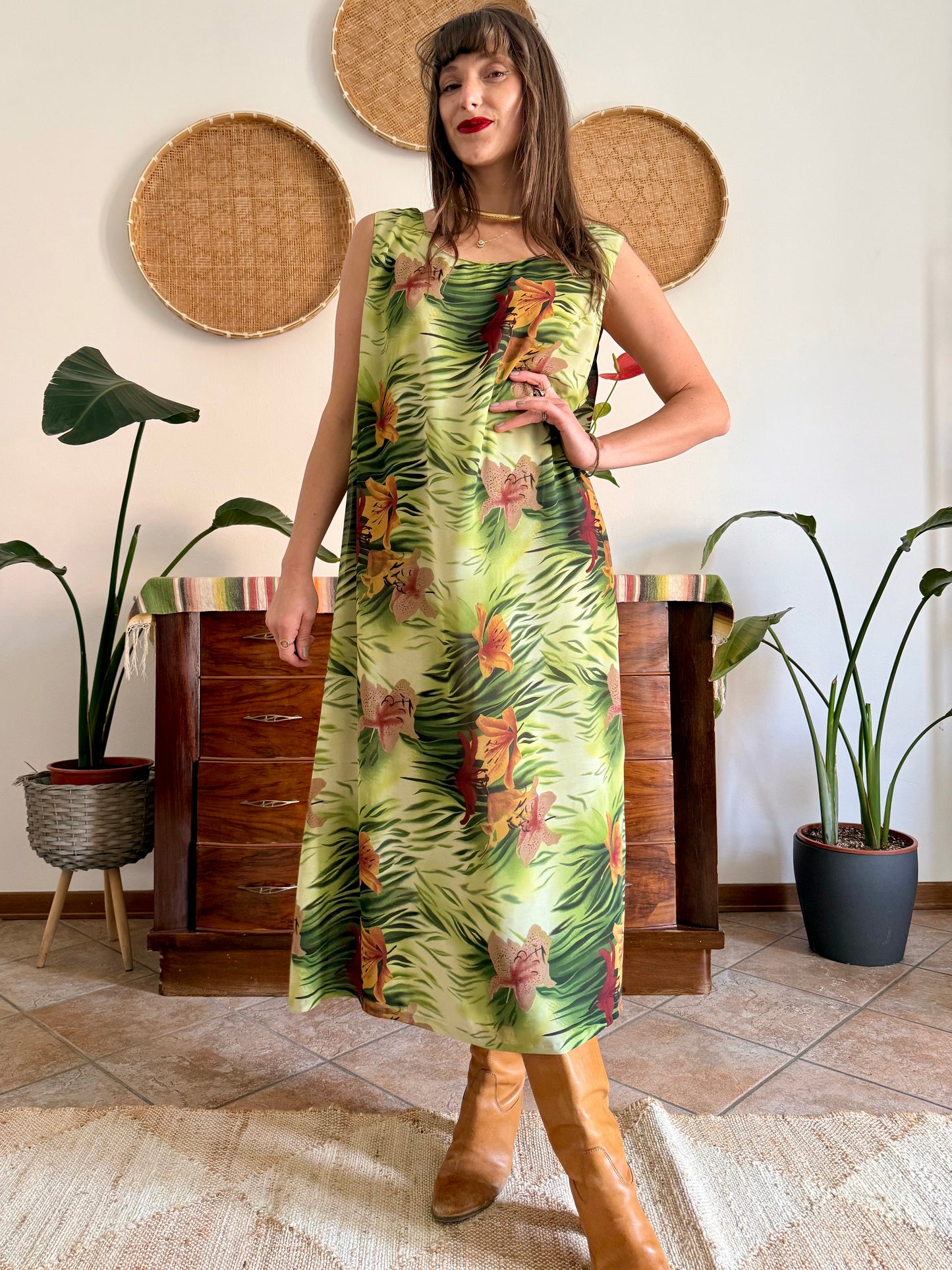 1990's vintage green and burgundy safari print maxi dress