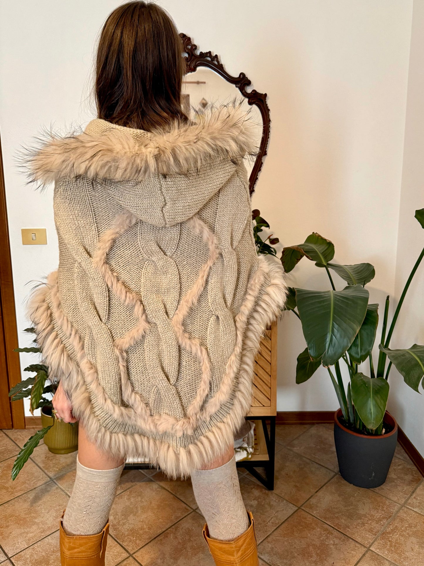 1970's vintage beige knit mohair poncho with fur trimming