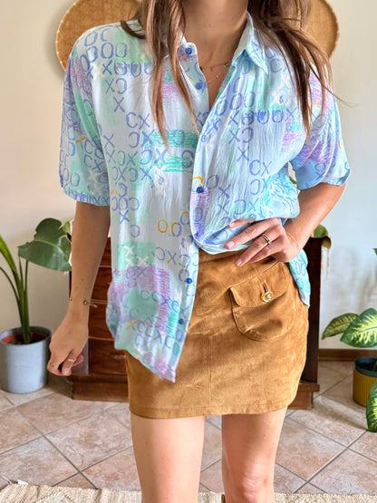 1990’s vintage lilac, turquoise and light blue geometric print blouse