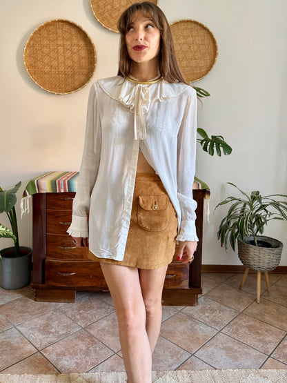 Y2K vintage cream silk blouse with ruffle collar and cuff details