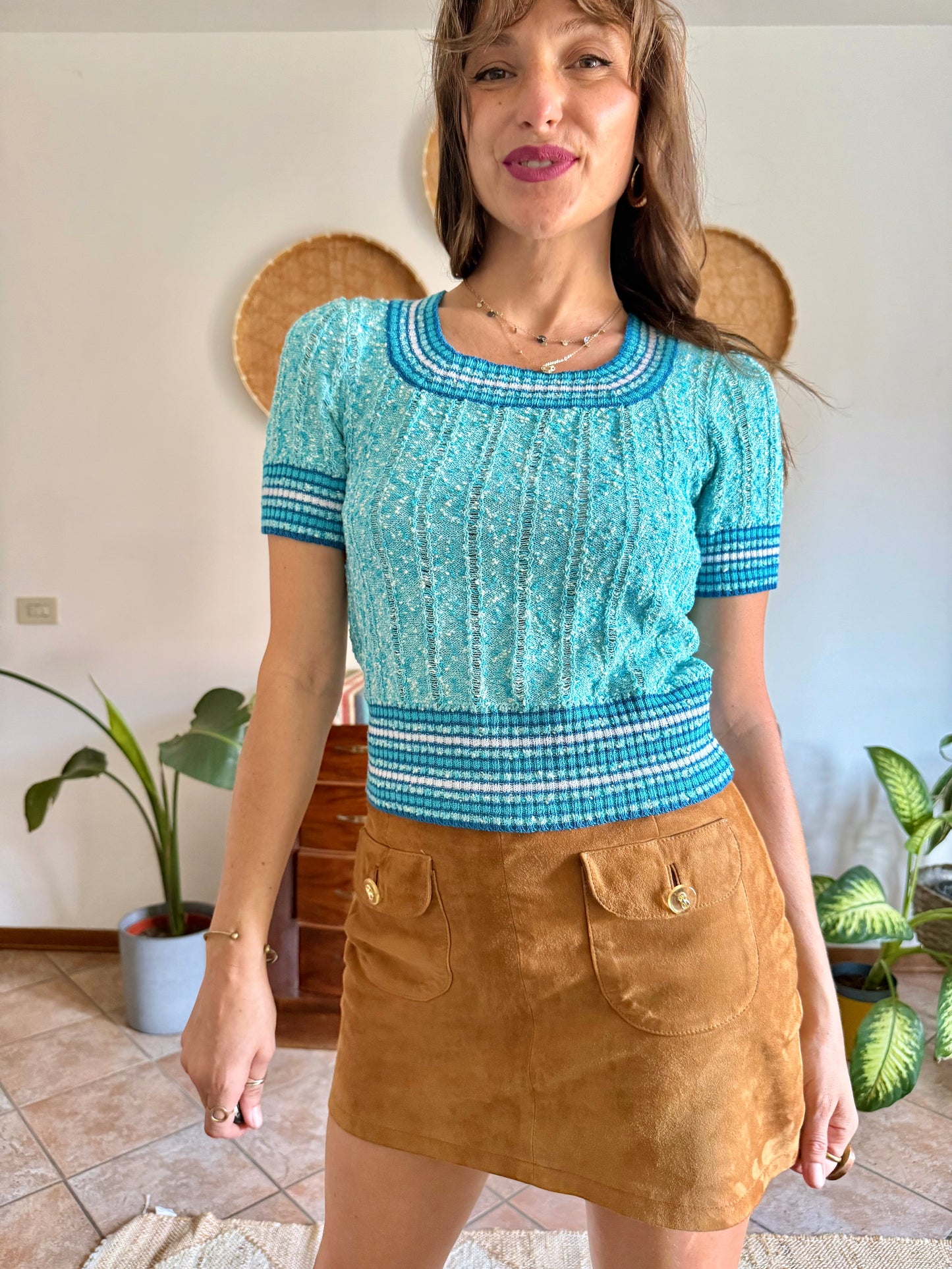 1970’s vintage turquoise,cream and blue textured knit top