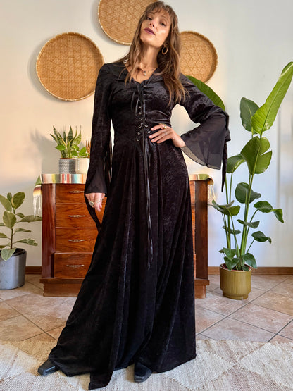1990’s vintage black lace up bodice gothic velvet maxi dress with bell sleeves