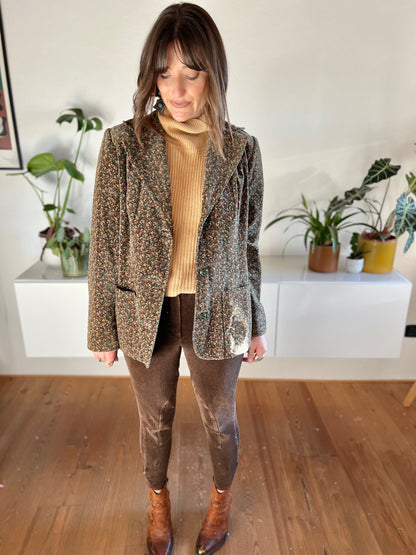 1970's vintage khaki velvet blazer with pink and cream floral print