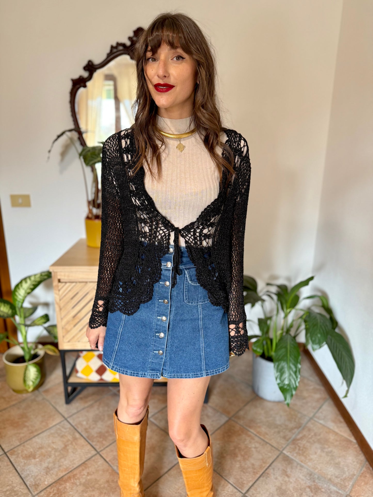 Y2k vintage black bell sleeve crocheted cardigan with silver thread accents