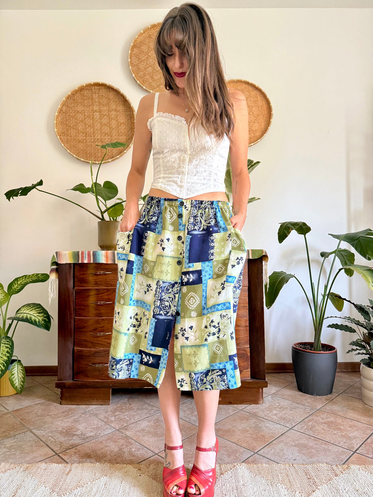 1990’s vintage navy, blue and green textured floral patchwork print midi skirt