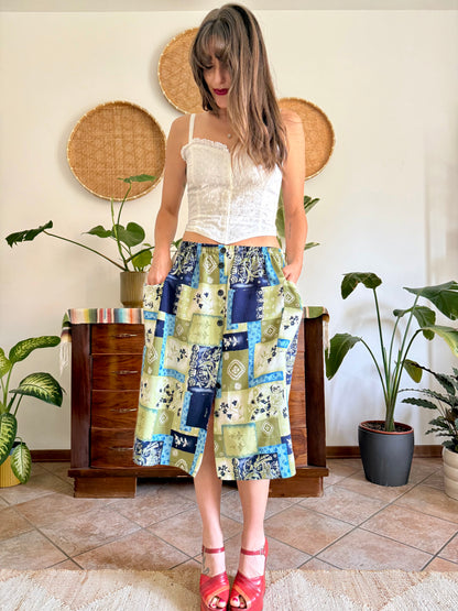 1990’s vintage navy, blue and green textured floral patchwork print midi skirt